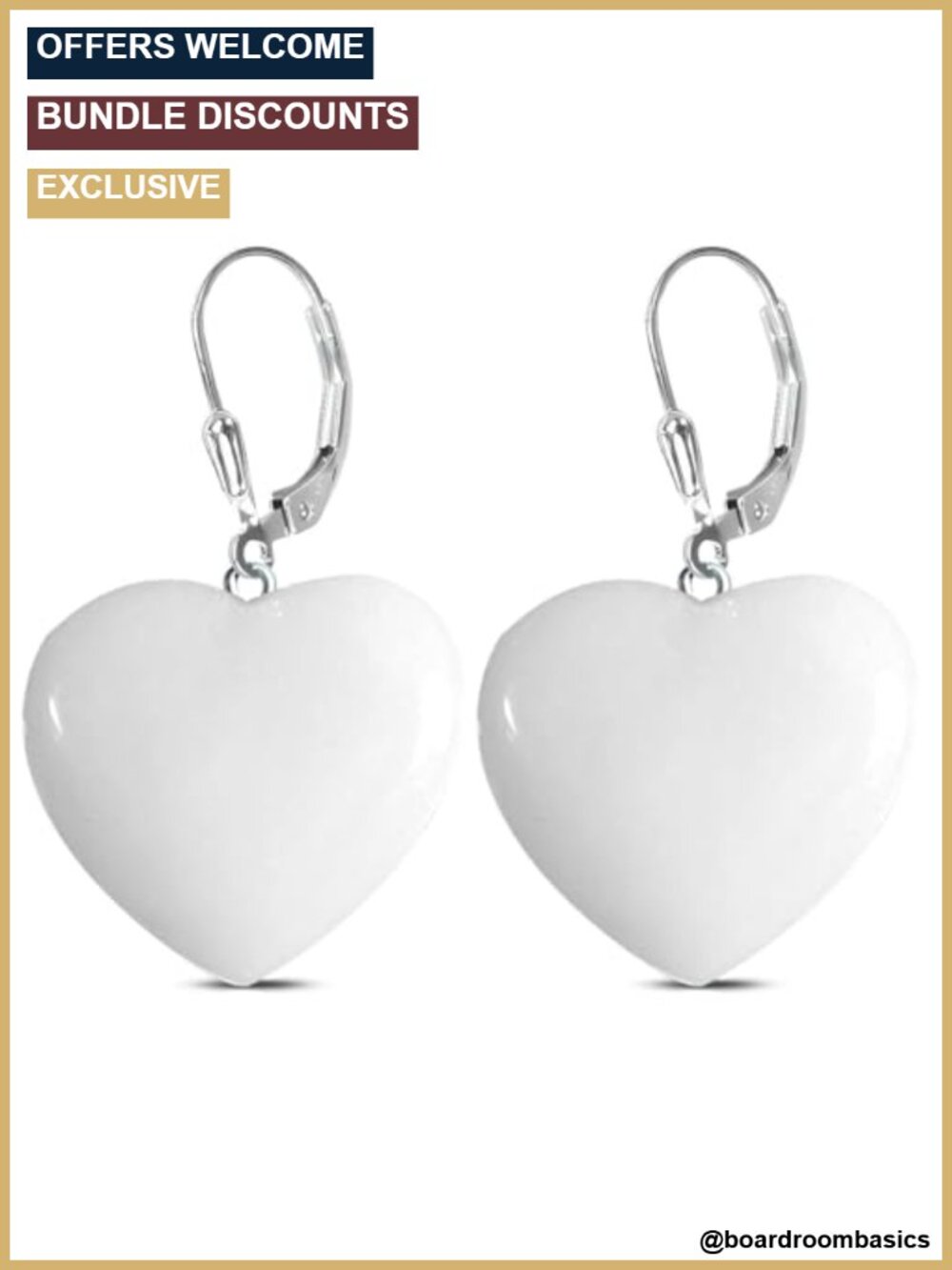 Natural White Jasper Heart Drop Earrings Platinum Plated Sterling Silver Hooks